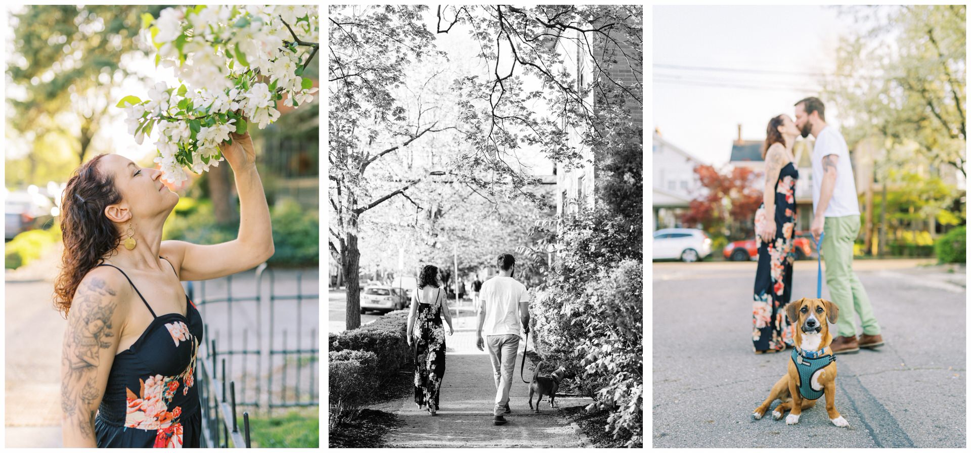 a husband and wife and their dog walk around their city neighborhood during the springtime