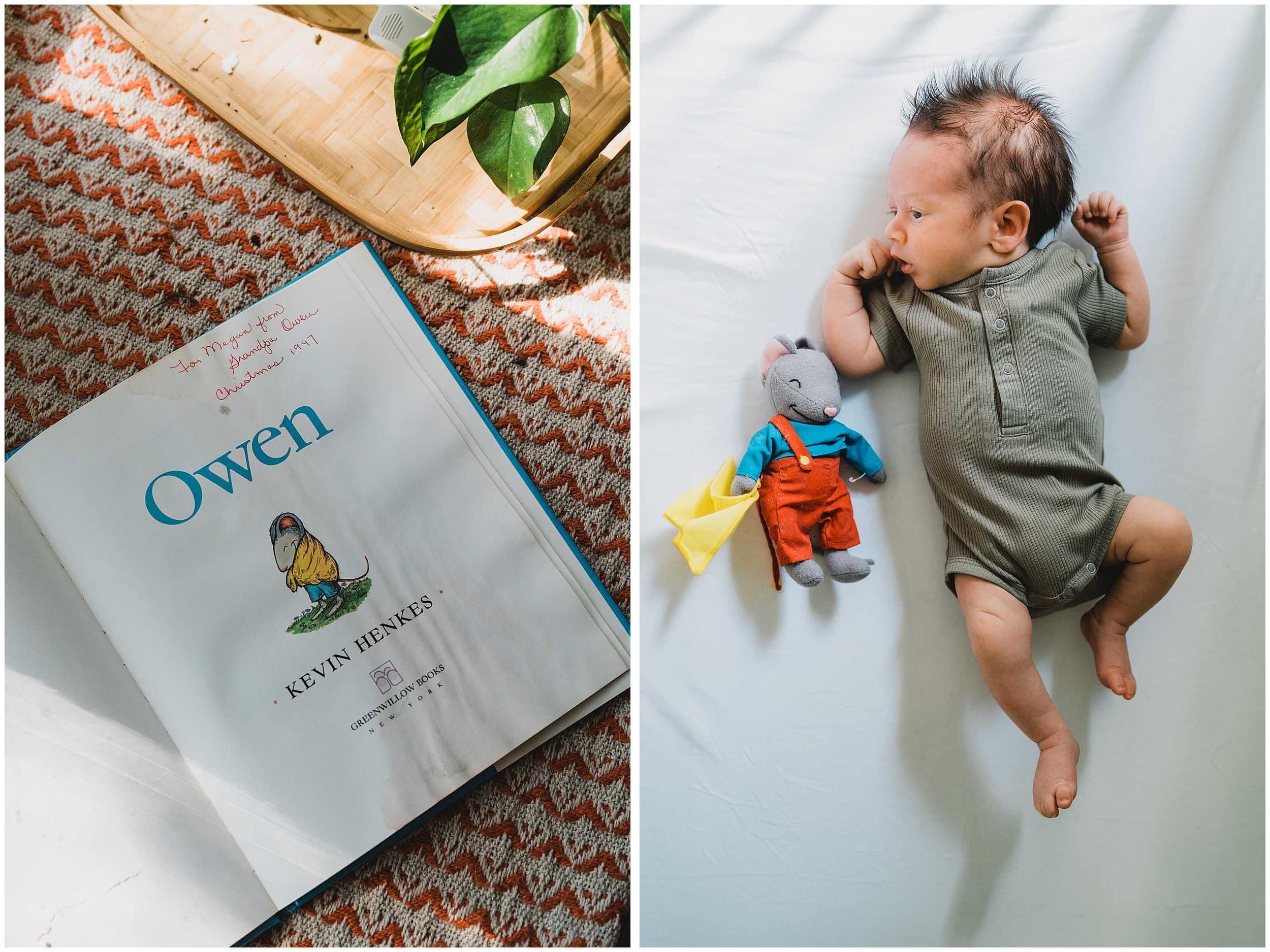 An image collage of a book called Owen on the left, and a baby in his crib on the right