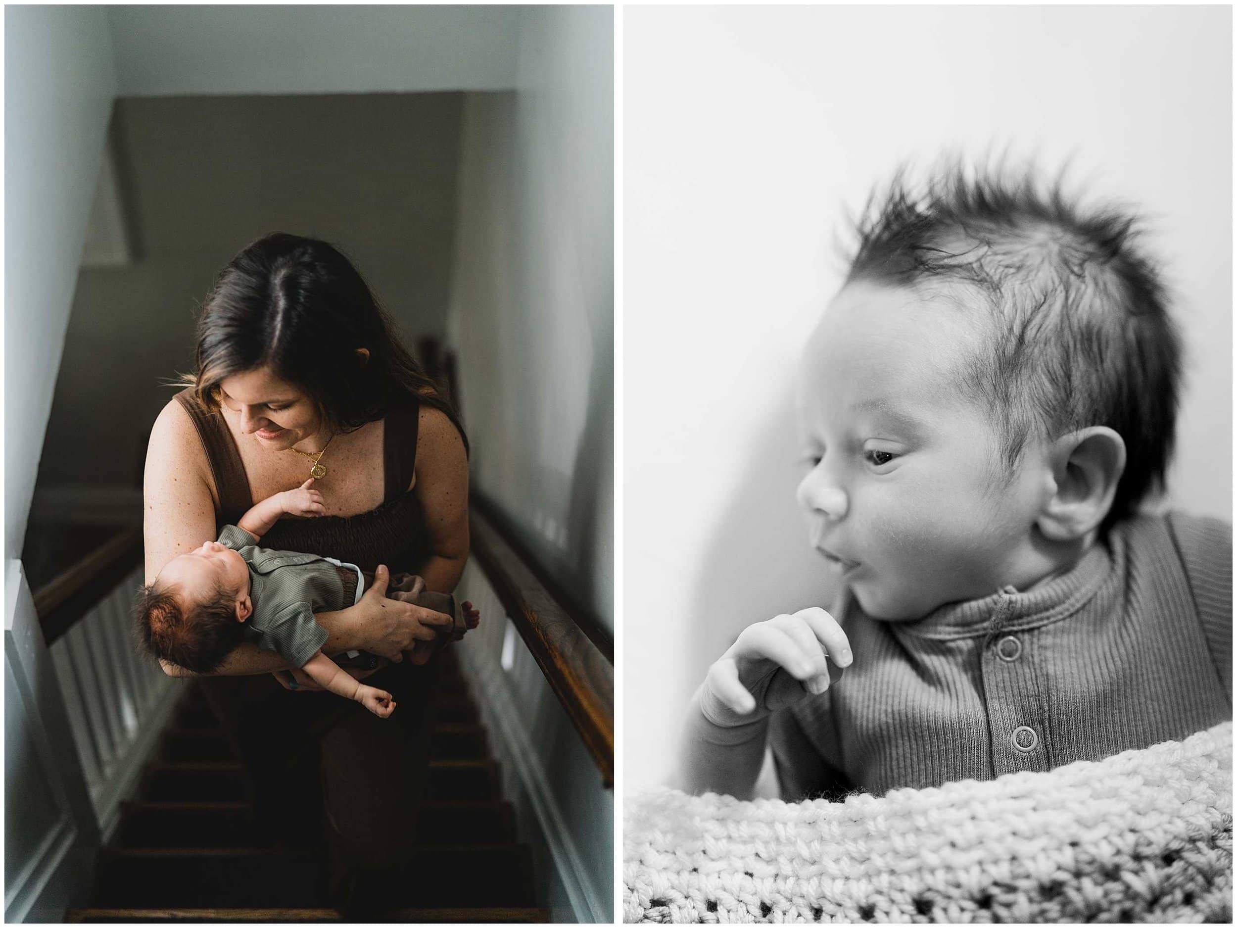 A photo collage of a mom carrying her baby up the stairs of their home, and a close-up image of the baby's face on the right