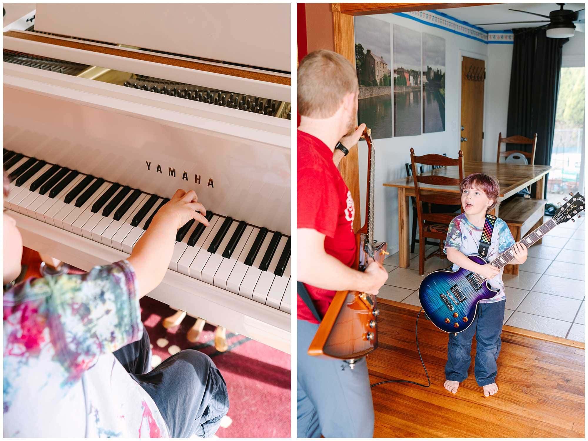 A boy plays a white Yamaha piano in his living room in Columbus Ohio