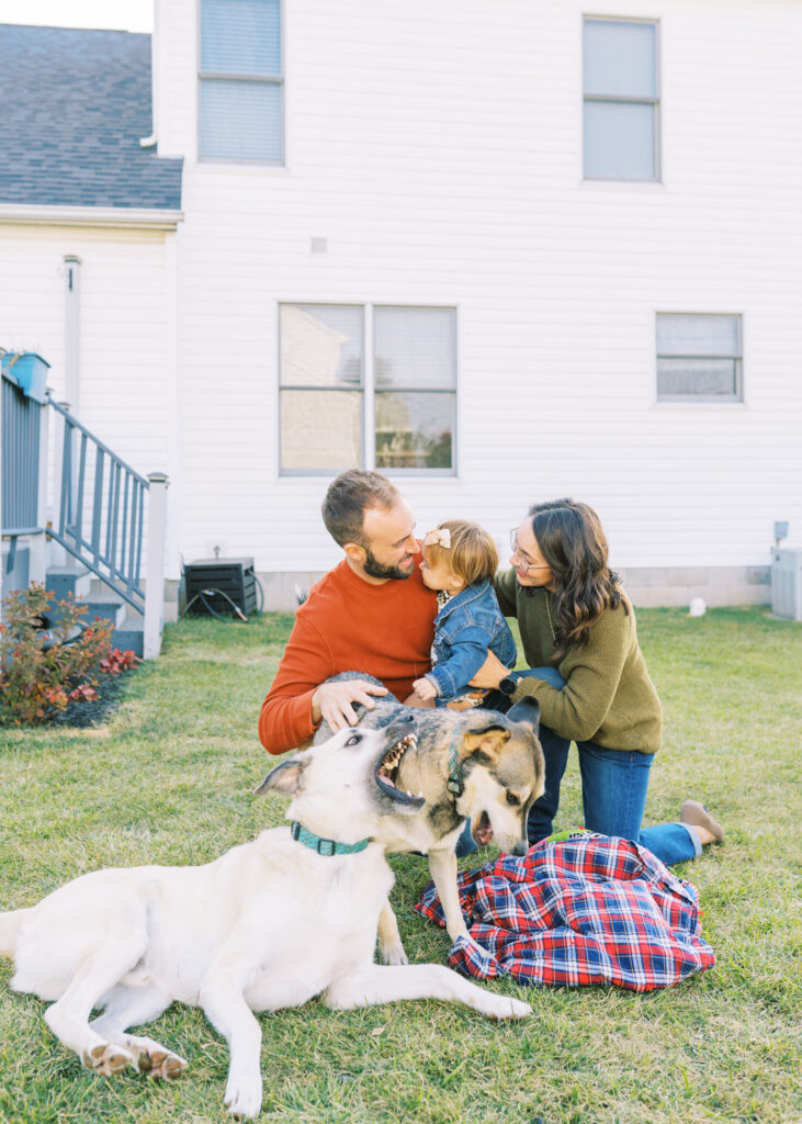 A family with a toddler daughter and two large dogs sitting on a picnic blanket in their backyard