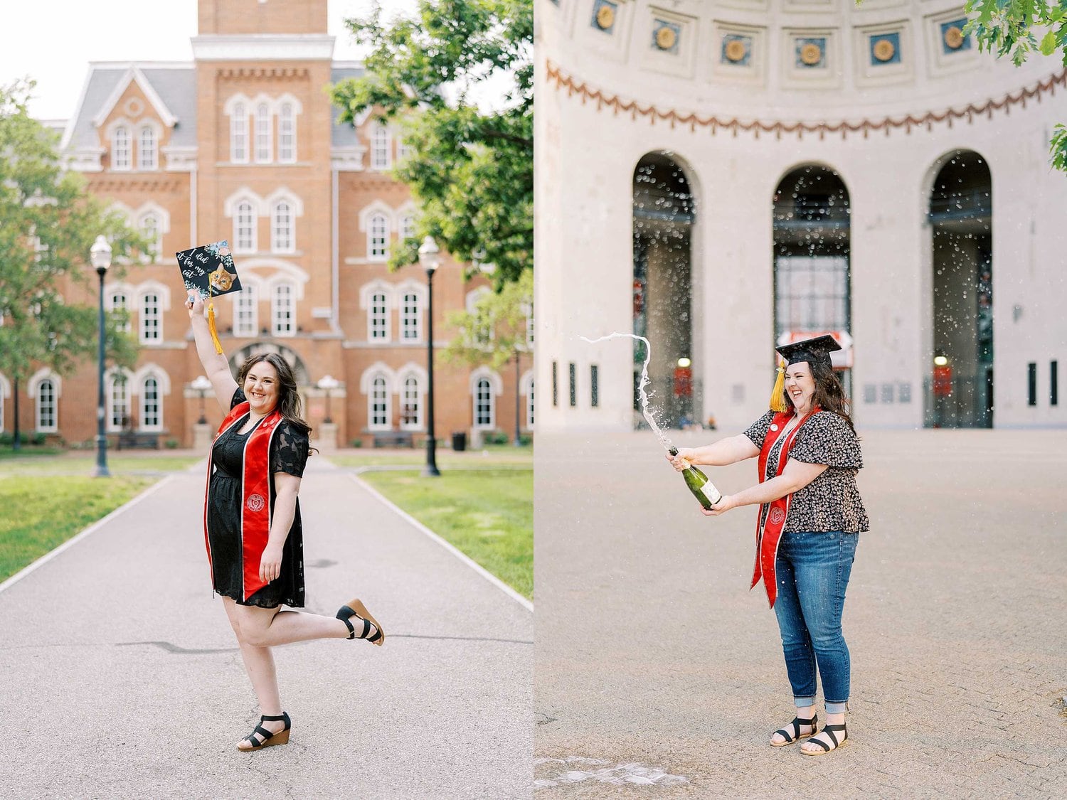 A lady wearing graduation attire at the stadium rotunda at Ohio Stadium, demonstrating one of the best places to take pictures in Columbus Ohio