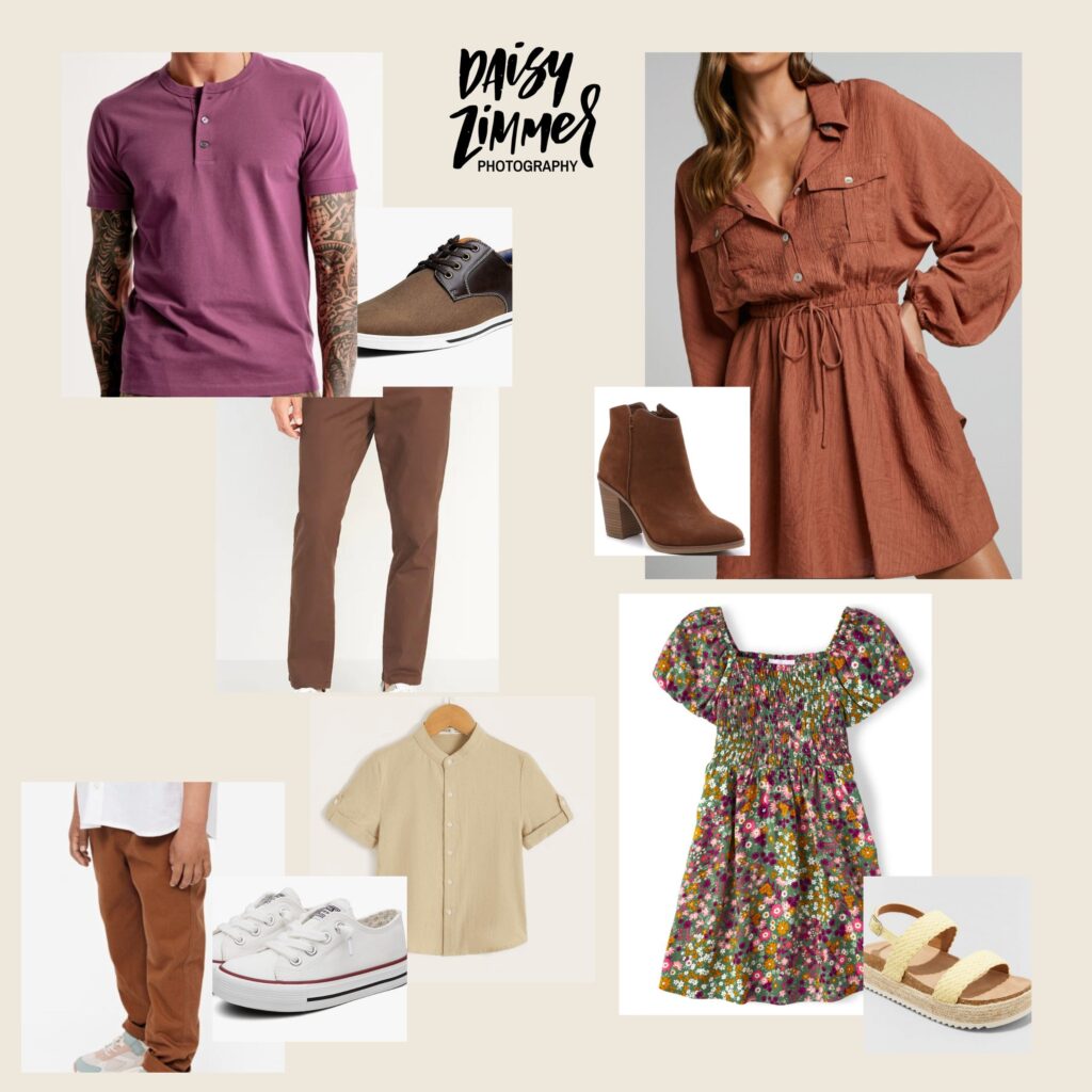 A collage of plum and rusty orange clothing
