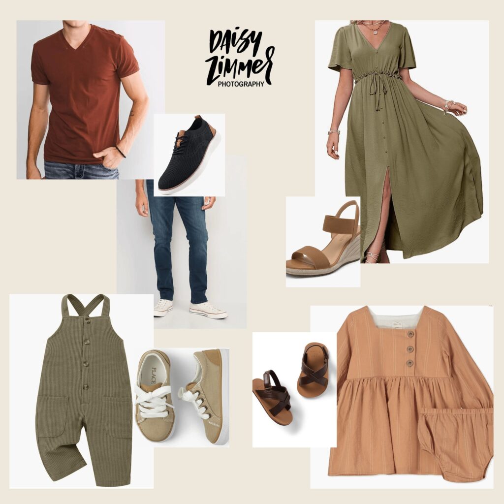 A collage of olive green and rusty orange clothing