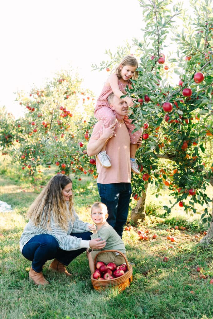 A family picks apples from a tree at Lynd's Fruit Farm in Pataskala Ohio