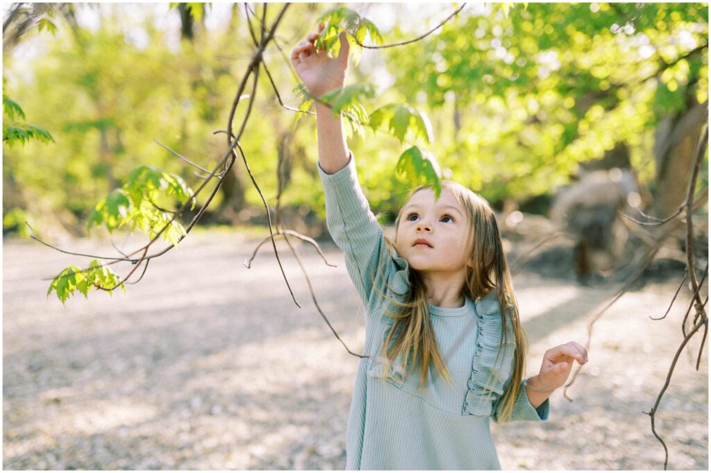 A little girl pulls a leaf down from a tree branch at Scioto Grove Metropark in Ohio