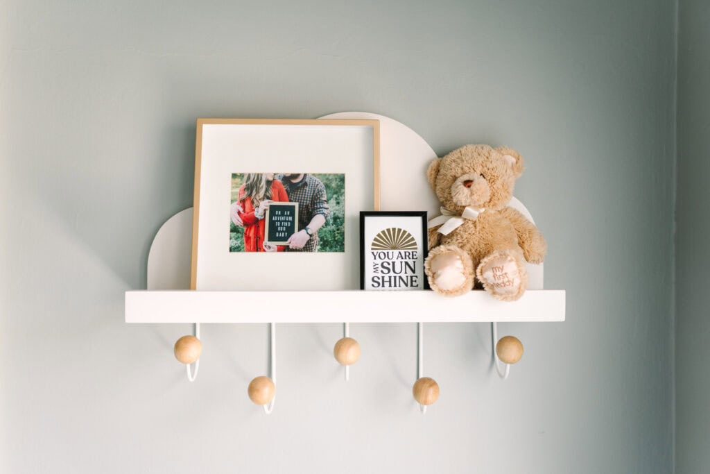 A shelf displaying nursery decorations in a Columbus Ohio home