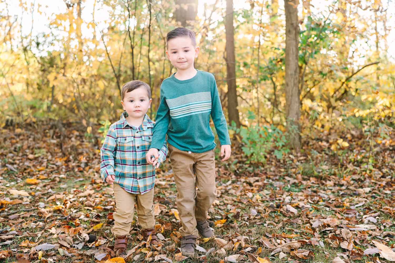 Two young brothers hold hands in the autumn leaves